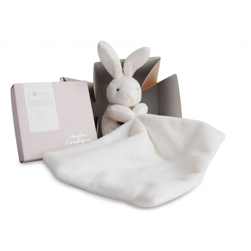 Doudou Lapin Mouchoir Doudou et Compagnie – Blanc cassé & Bleu | Cadeau naissance doux et sécurisé